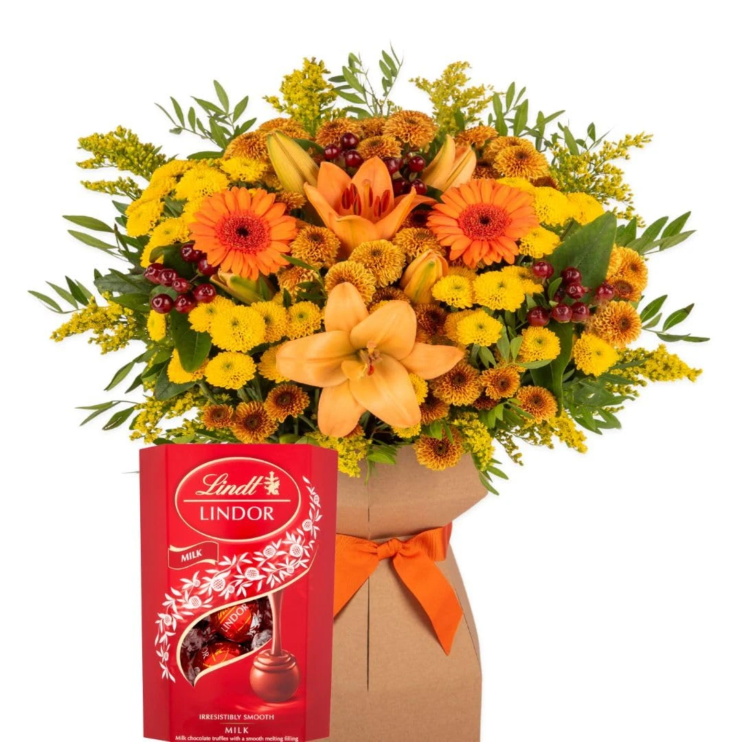 Autumn Harvest Fresh Flower Bouquet Delivered in Presentation Vase | Lily, Solidago, Germini & Seasonal Greenery | Natural Card Vase and Orange Satin Ribbon | AMFL011 (+Truffles)