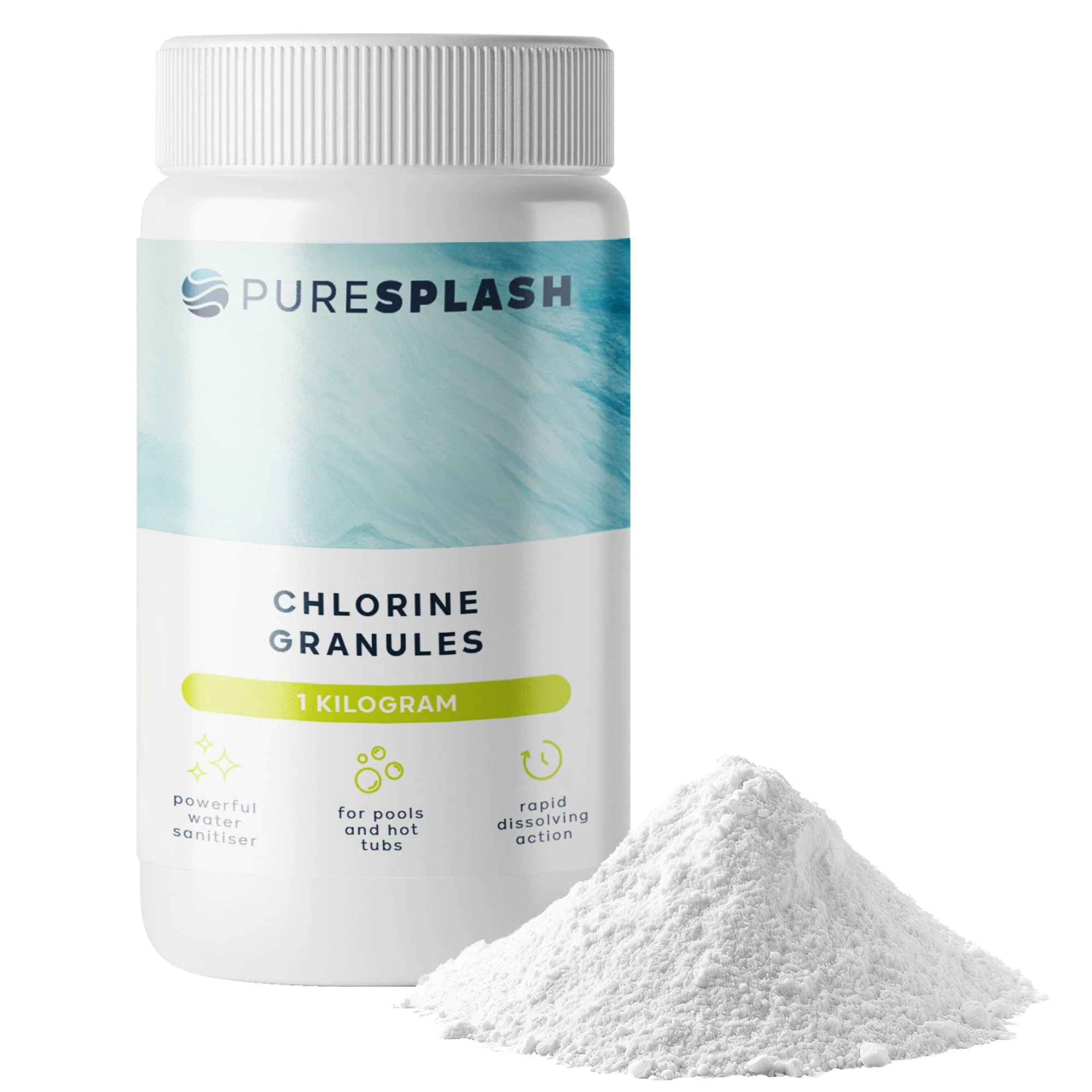 PURE SPLASH! 1kg stabilised Chlorine Granules for Hot Tubs, Inflatable & Above-Ground Pools – Pool Chemicals for Crystal Clear Water | Kills Bacteria, Prevents Algae & Clarifies
