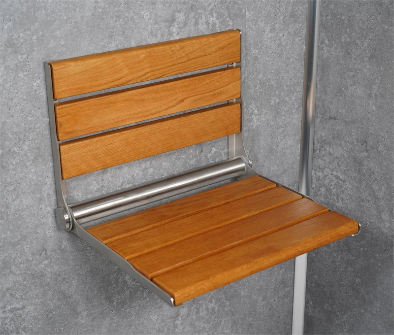 Aidapt Wall Mounted Shower Seat,Folds Flat to Wall,Contemporary,Slatted Design,Easy Drainage,Oak Wood,Stainless Steel Mounting Plate, Stylish,Mobility,Pregnancy,Elderly,Space Saving