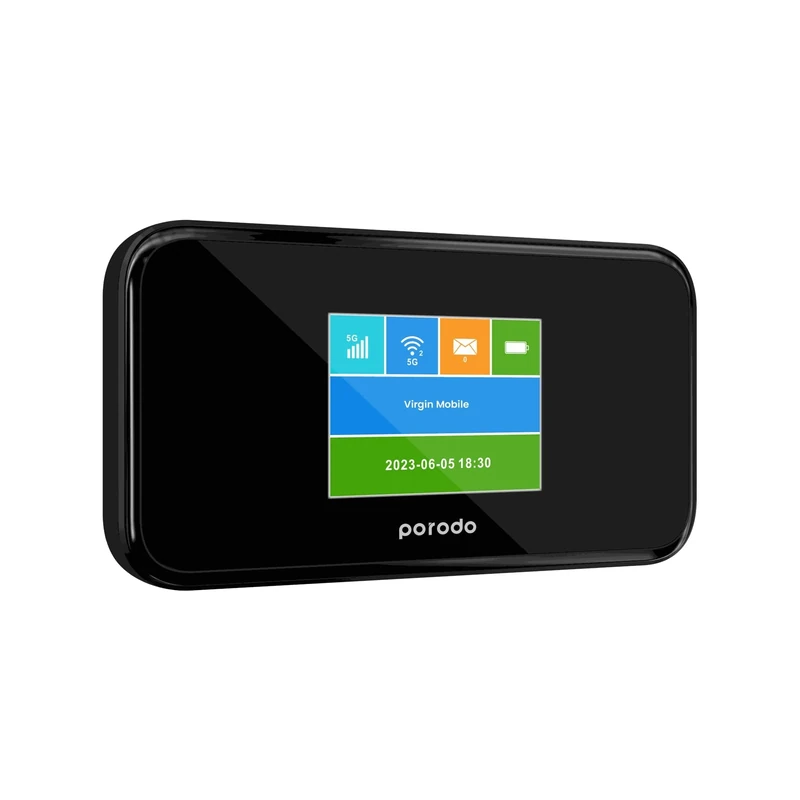 Porodo Portable MiFi 5G Wireless Router 5000mAh, 40M Signal Distance, 2.4/5GHz, 12H Working Time, Upto 16 Devices Supported, 4G LTE Performance, Advanced Encryption - Black