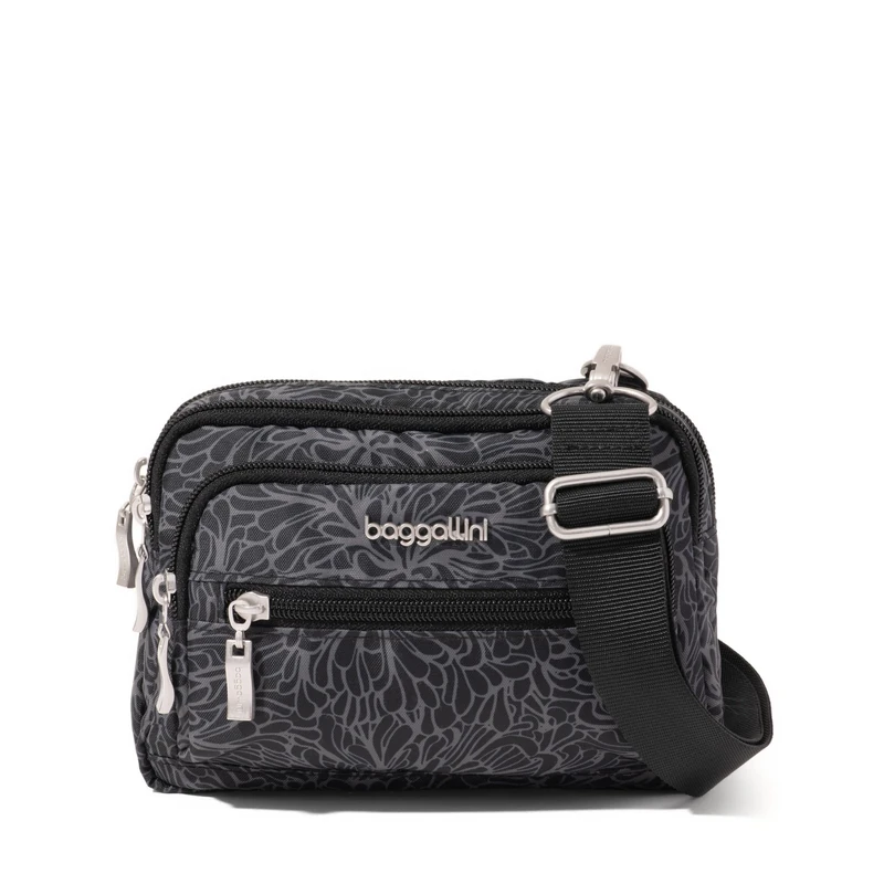 Baggallini Women's Triple Zip Bagg Crossbody Bag, Midnight Blossom Print, Wide Strap