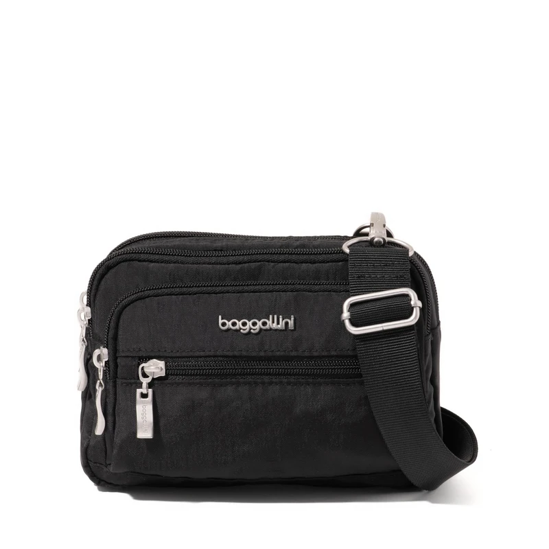 Baggallini Women's Triple Zip Bagg Crossbody Bag, Black with Sand Lining, Wide Strap