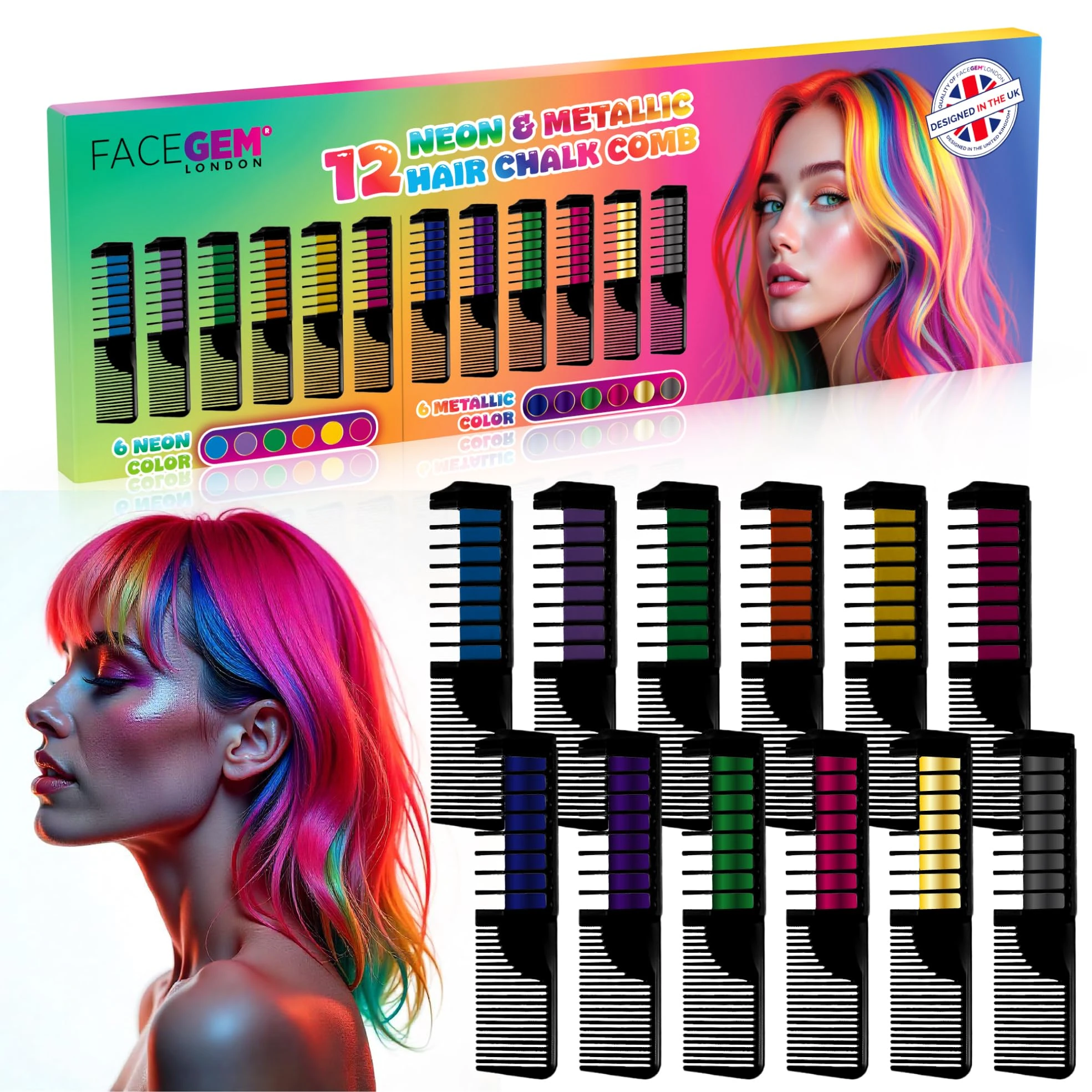 12 Hair chalks comb, 12 NEON & METALLIC hair chalk, Non-Toxic Easy Washable Hair Dye Colourful, METALLIC & NEON hair chalk -Perfect for Festivals, Halloween, Party, hair chalks for girls