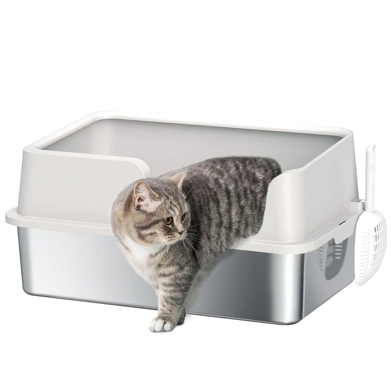 PawHut Cat Litter, Stainless Steel Cat Litter Tray with High Sides, Scoop, Easy Clean, Odor Resistant, 60 x 40 x 28 cm, Light Grey