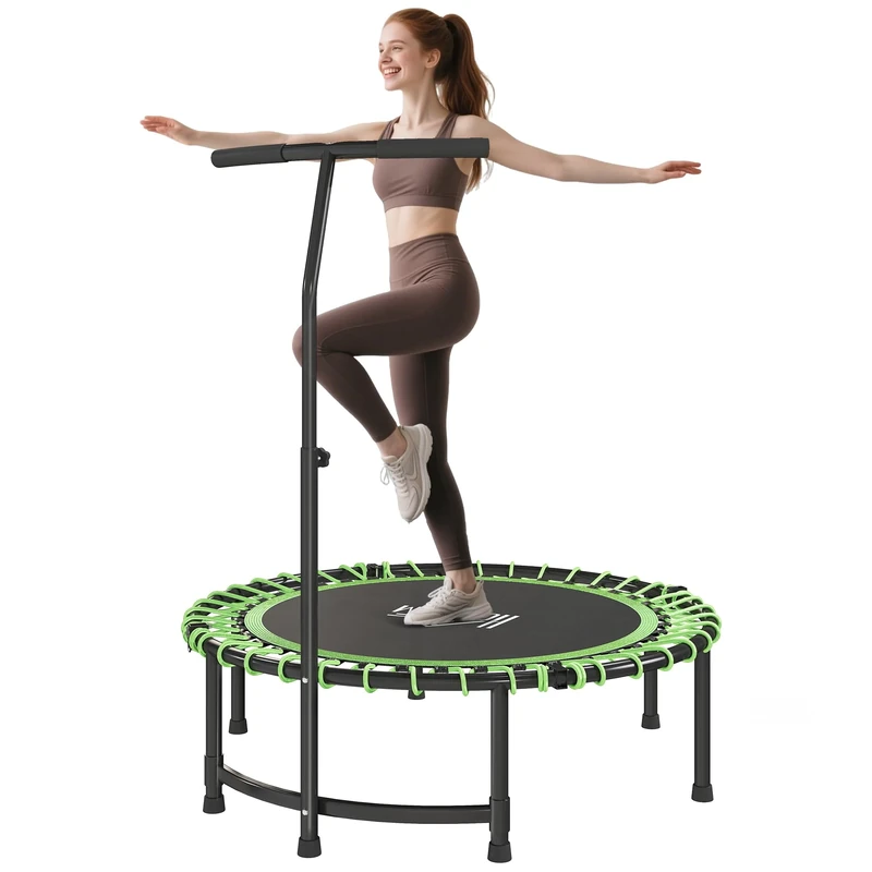 HOMCOM 45" Fitness Trampoline with Adjustable Handle, Folding Rebounder Trampoline Mini Jumper for Indoor Exercise Workout, Support Up to 150kg, Green