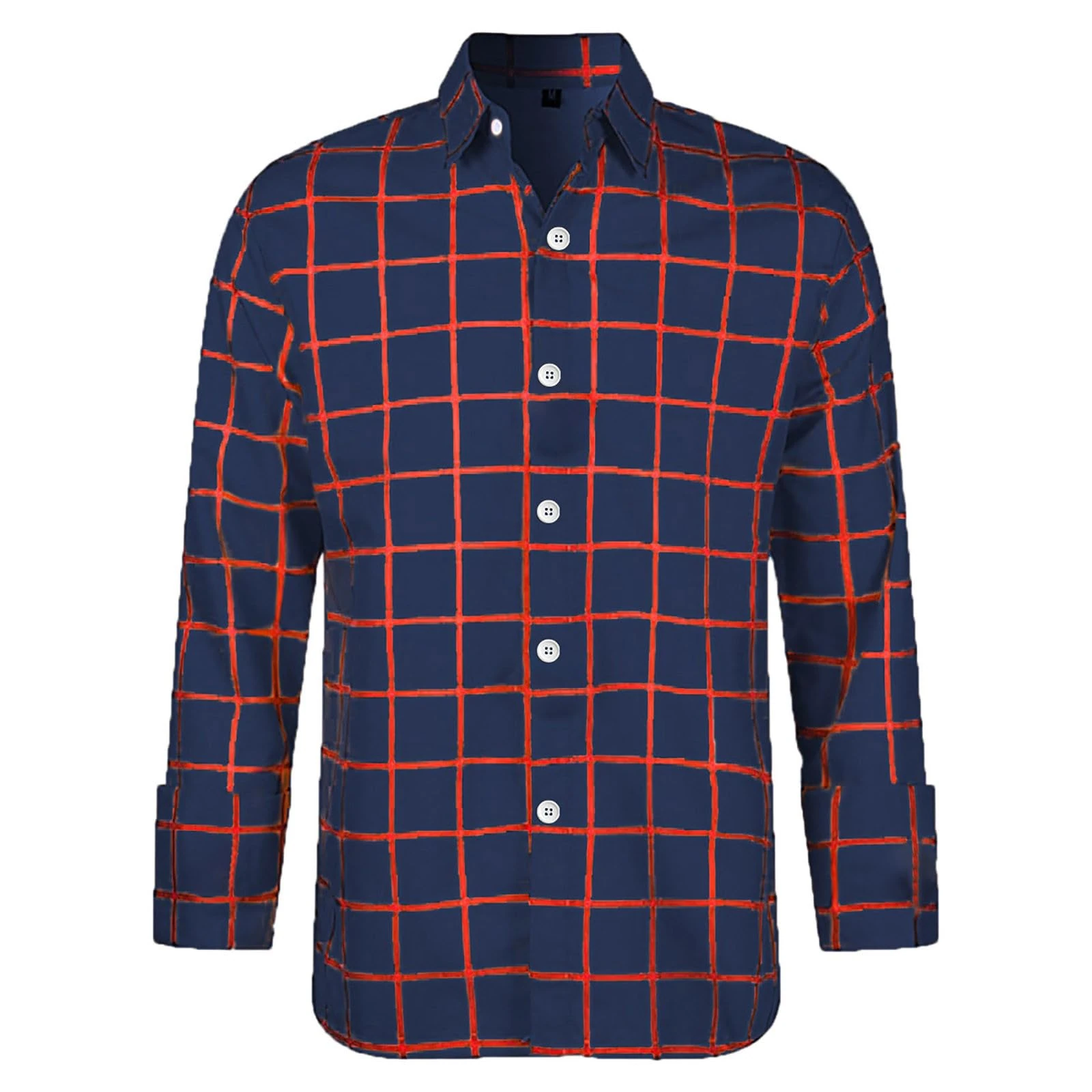 Mens Shirts 3D Print Slim Fit Checkered Long Sleeve Cardigan Collar Cotton Blouse Breathable Casual Button Down Design Tops Navy