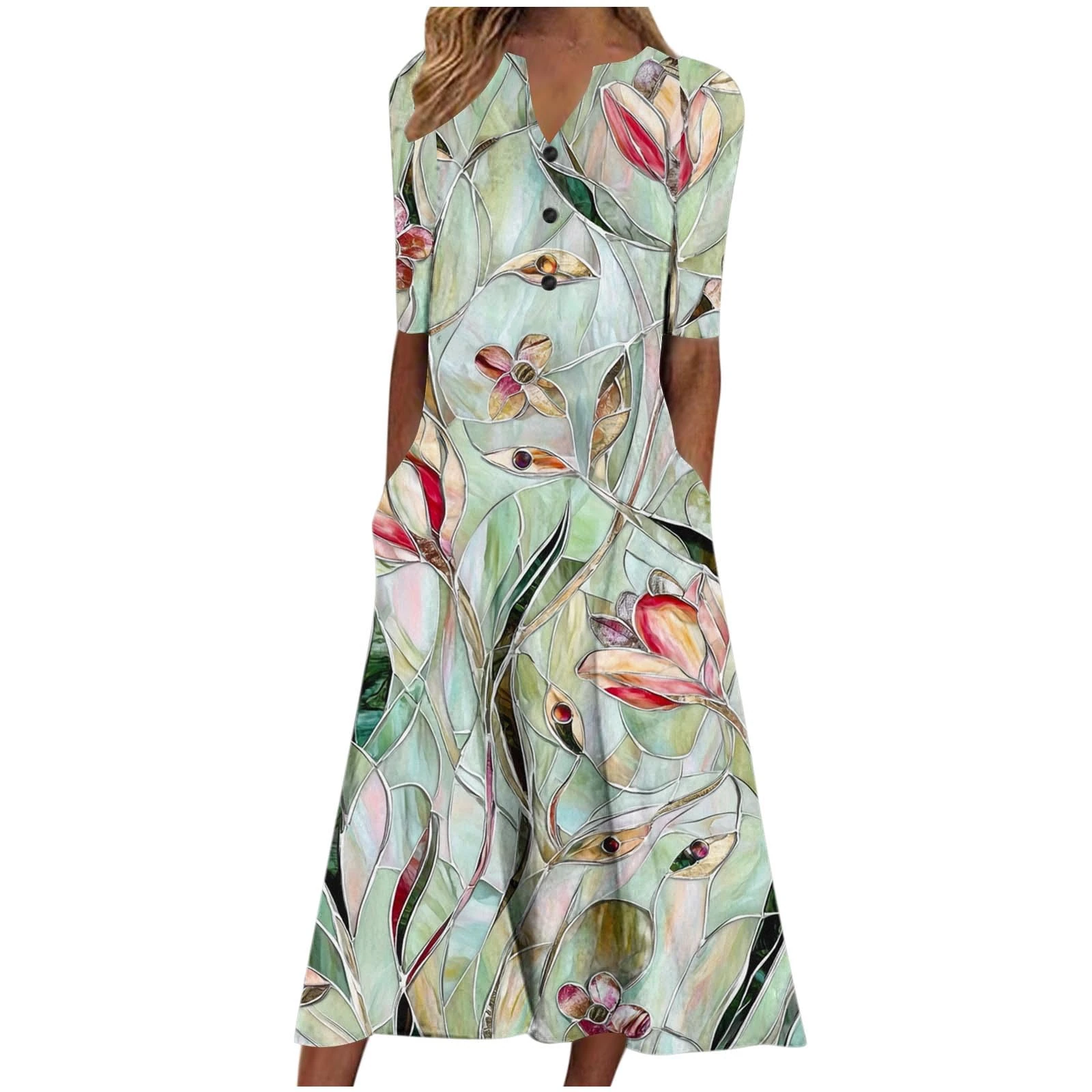 Boho Dresses for Women UK Clearance Italian Short Sleeve Button V Neck Dress with Pocket Ladies Floral Casual Sundress Elegant Swing Midi Dress Loose Pullover Lounge Dresses Beach Holiday Sundress