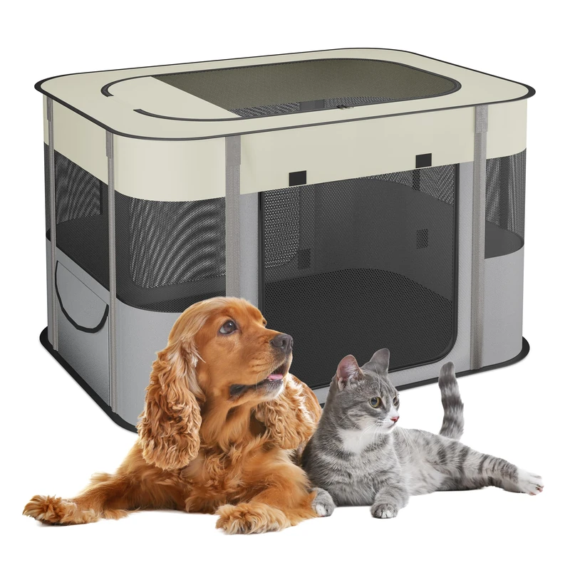 Relaxdays Folding Pet Playpen, 60x90x68 cm, Puppy Pen, Indoor & Outdoor, Portable Cat & Dog Run, Oxford Fabric, Multi