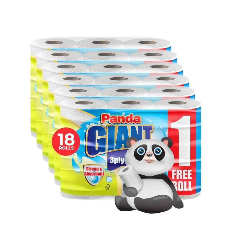 Panda Giant Kitchen Roll - 18 Kitchen Towels, Super Absorbent Sheets, 3Ply Paper Rolls Bulk Buy, Superior Performance for Your Cleaning Needs - Paper Hand Towels (White, 18) (White, 18)
