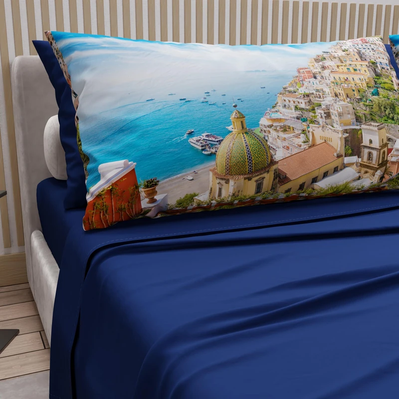 PETTI Artigiani Italiani - Cotton Sheets with Pillowcases in Digital Print, Single Sheet, Complete Bed Set Positano Blue Electric Design, 100% Made in Italy