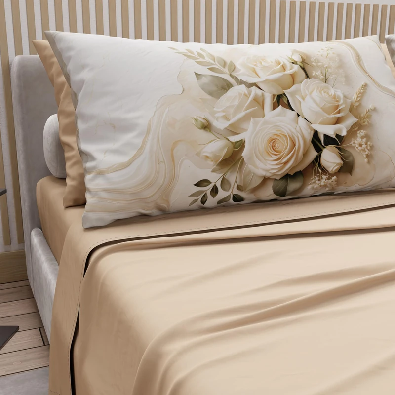 PETTI Artigiani Italiani - Cotton Sheets with Pillowcases in Digital Print, Single Sheet, Beige Cream Flower Pattern, 100% Made in Italy