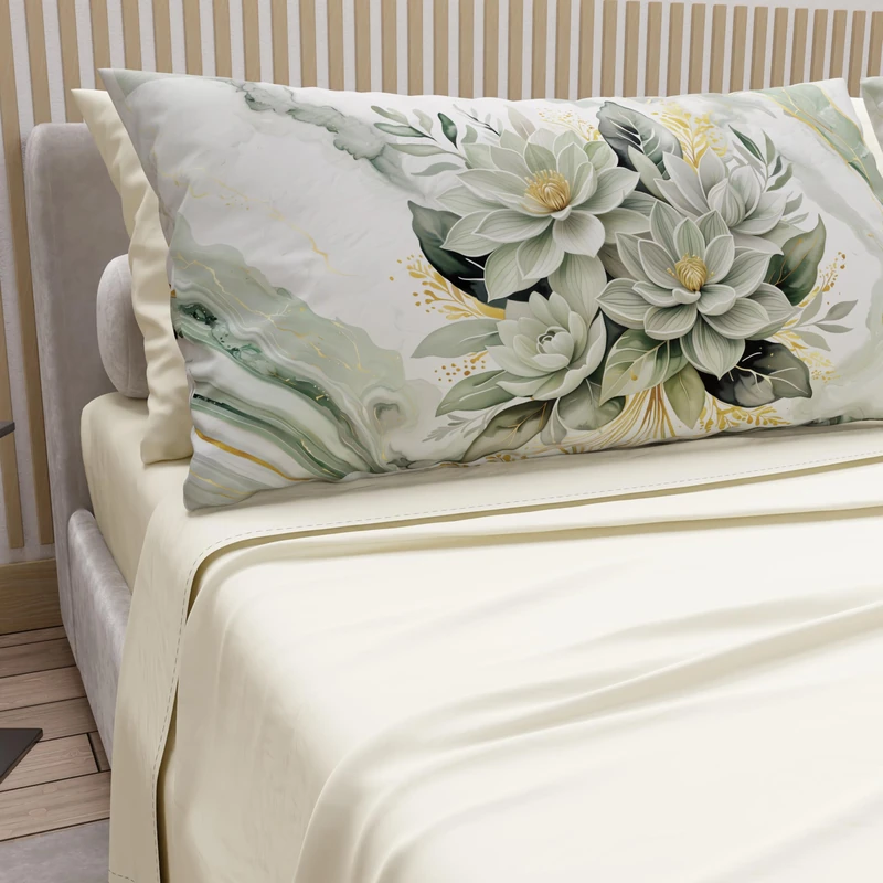 PETTI Artigiani Italiani - Cotton Sheets with Pillowcases in Digital Print, Single Sheet, Sage Cream Flower Design, 100% Made in Italy
