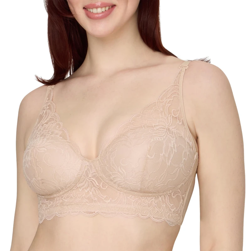 Maidenform Women's Wireless Bralette, Pure Comfort Longline Bra, Convertible Straps, Almond Bloom Lace, 38D