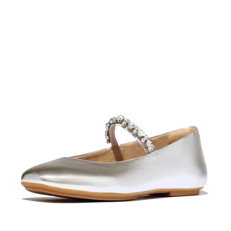 Fitflop DELICATO Pearls-and-Crystal Leather Ballet Flats Silver