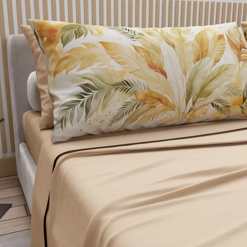 PETTI Artigiani Italiani - Cotton Sheets with Pillowcases in Digital Print, Double Sheet, Beige Olive Palm Pattern, 100% Made in Italy