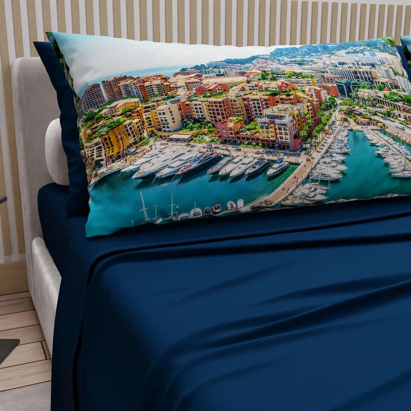 PETTI Artigiani Italiani - Cotton Sheets with Pillowcases in Digital Print, Double Sheet, Monaco Design Bed Set, Night Blue, 100% Made in Italy