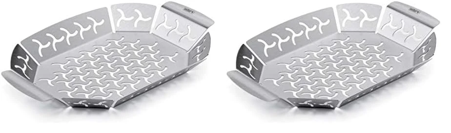 Weber Premium Grill Basket - Small (27 x 19cm), Heat Resistant & Dishwasher Safe BBQ Grill Pan made of Stainless Steel, suitable for all types of grills - Silver (6677) (Pack of 2)