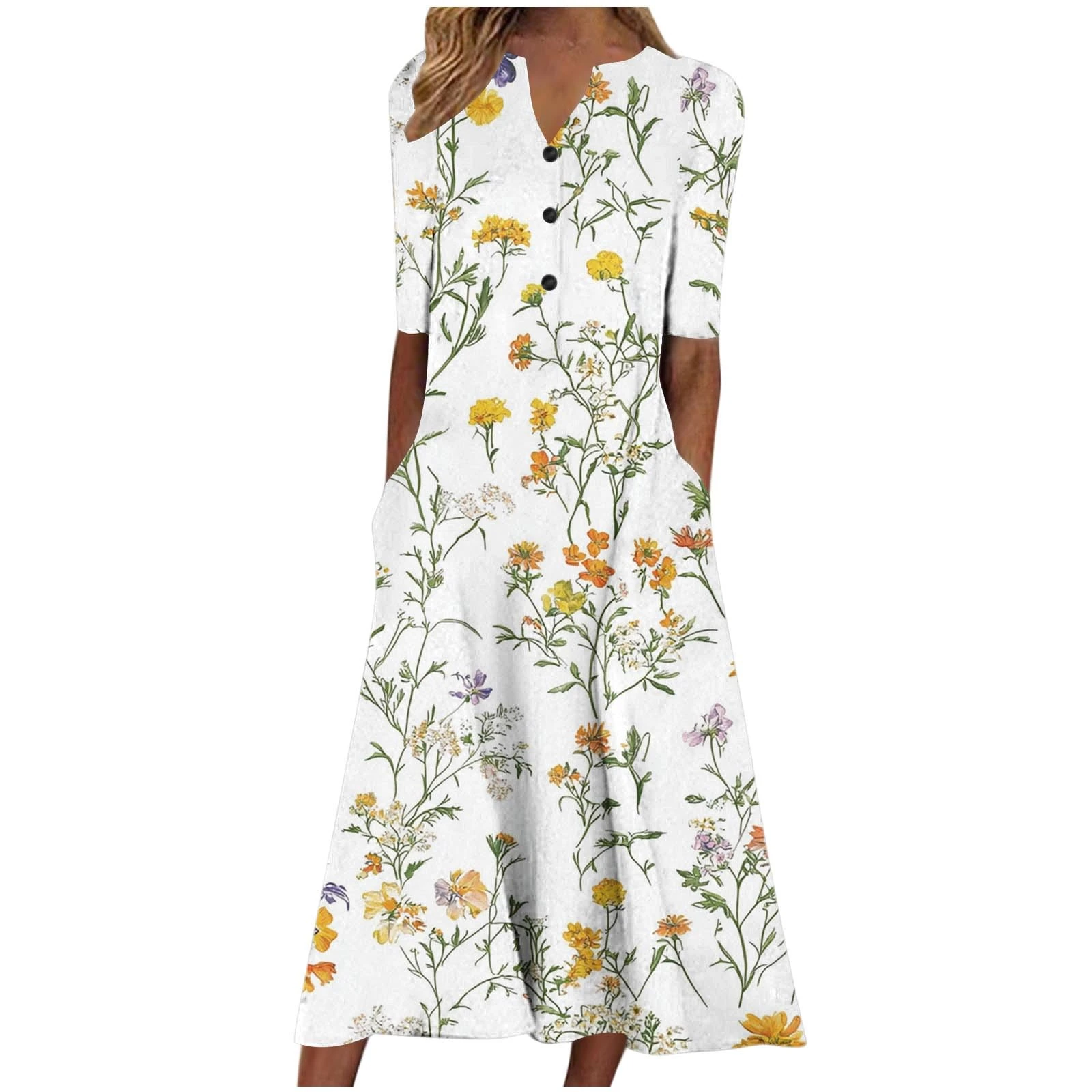 Boho Dresses for Women UK Clearance Italian Short Sleeve Button V Neck Dress with Pocket Ladies Floral Casual Sundress Elegant Swing Midi Dress Loose Pullover Lounge Dresses Beach Holiday Sundress