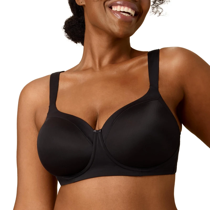 Playtex Women's Wireless Balconette Bra, Plus Size Bras Available, Full Coverage, 4-Way Support, Moisture-Wicking, Dressed in Black, 46DD