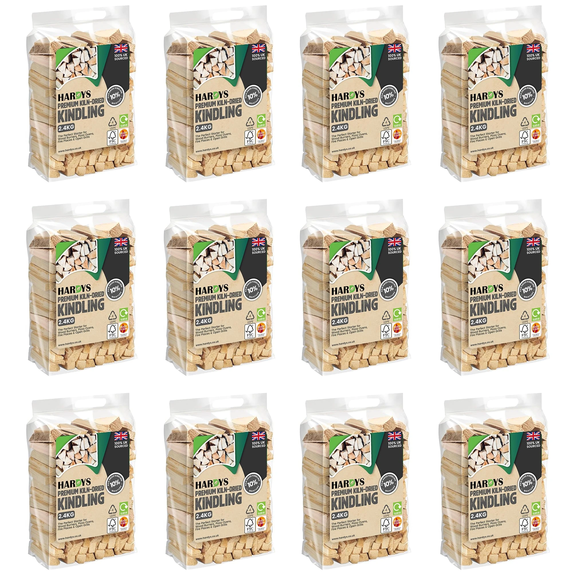 Hardys Kindling Wood, 12 Pack - 28.8kg (12 x 2.4kg) Approx. | Instant Light Firewood Logs, Smokeless - Kiln Dried - BBQ, Fire Heat Logs for Wood Burner, Pizza Oven, Open Fire Pit