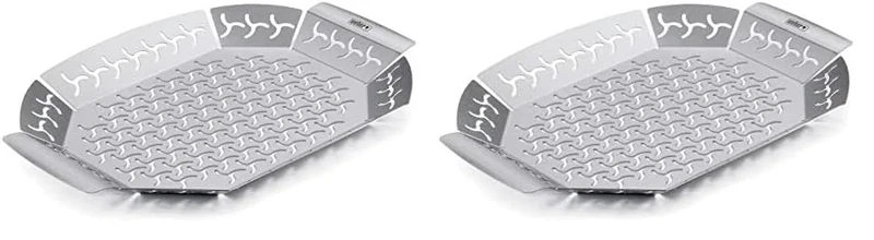 Weber Premium Grill Basket - Large (36 x 26cm), Heat Resistant & Dishwasher Safe BBQ Grill Pan made of Stainless Steel, suitable for all types of grills - Silver (6678) (Pack of 2)