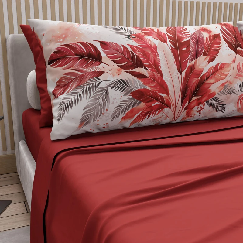 PETTI Artigiani Italiani - Cotton Sheets with Pillowcases in Digital Print, Double Bed Sheet, Red Palm Print Bedding Set, 100% Made in Italy