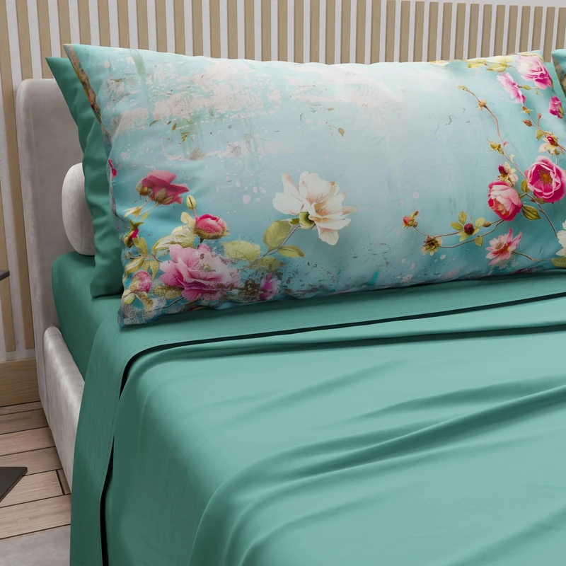 PETTI Artigiani Italiani - Cotton Sheets with Pillowcases in Digital Print, Double Sheet, 345 Teal Design Bed Set, 100% Made in Italy