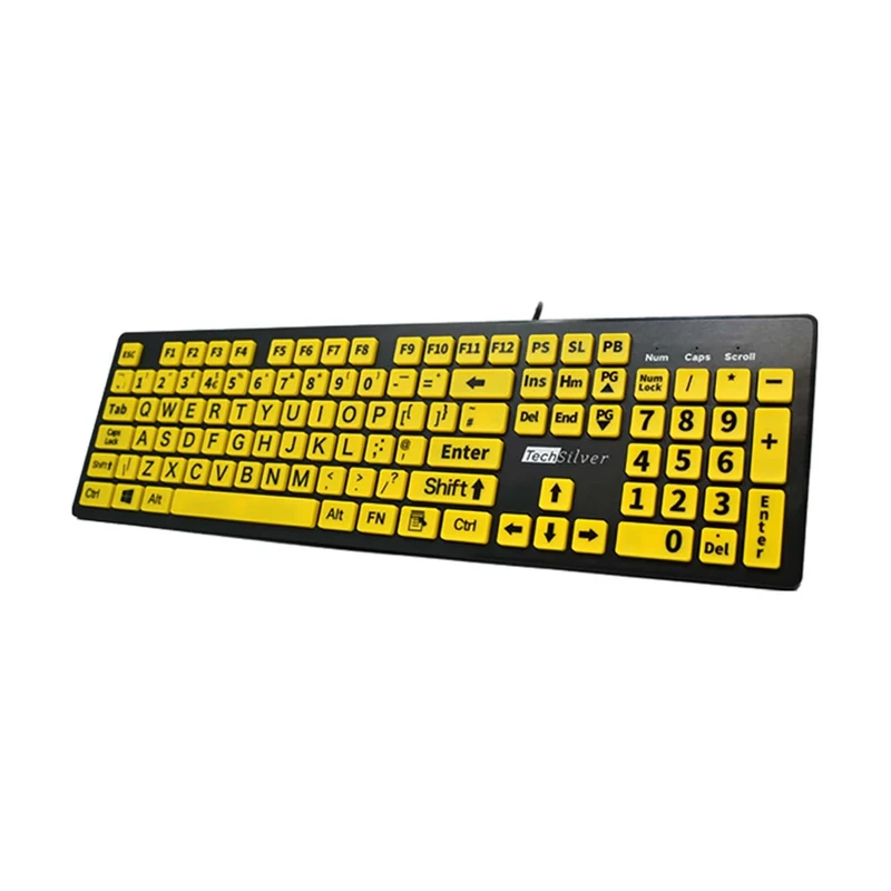 TechSilver Large Print Keyboard – High Contrast Yellow on Black – Wired USB for Visually Impaired & Seniors - UK Layout