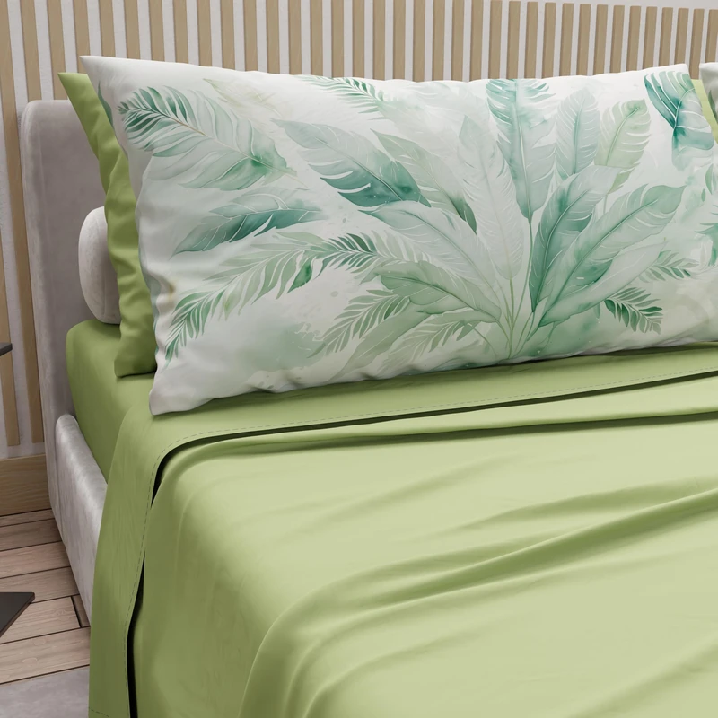 PETTI Artigiani Italiani - Cotton Sheets with Pillowcases in Digital Print, Single Sheet, Set with Palm Sage Design, 100% Made in Italy