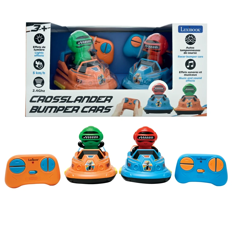 LEXIBOOK, Crosslander® Bumper Cars, Set of 2 Radio-Controlled Racing Bumper Cars, Up to 5 km/h, 2 Removable Characters, Sound and Light Effects, Blue/Orange, RC2A
