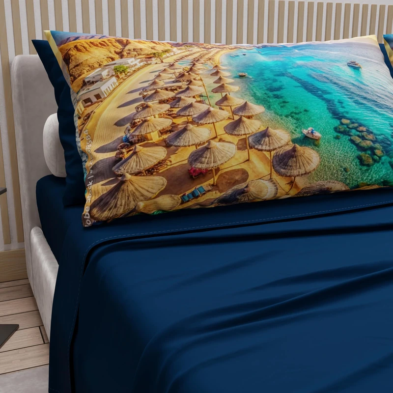PETTI Artigiani Italiani - Cotton Sheets with Pillowcases in Digital Print, Double Sheet, Sharm El Sheikh Pattern Bed Set, Night Blue, 100% Made in Italy