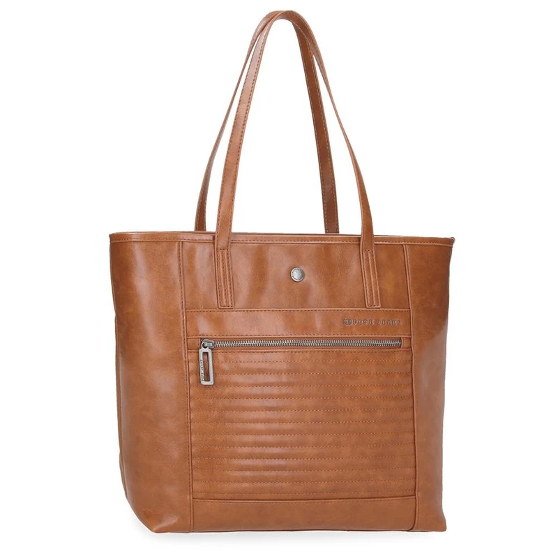 Pepe Jeans Biker Tote Bags Portable 15.6 Inch Brown 34X32X14 cms Polyester with Faux Leather Details by Joumma Bags, brown, One Size, tote bag