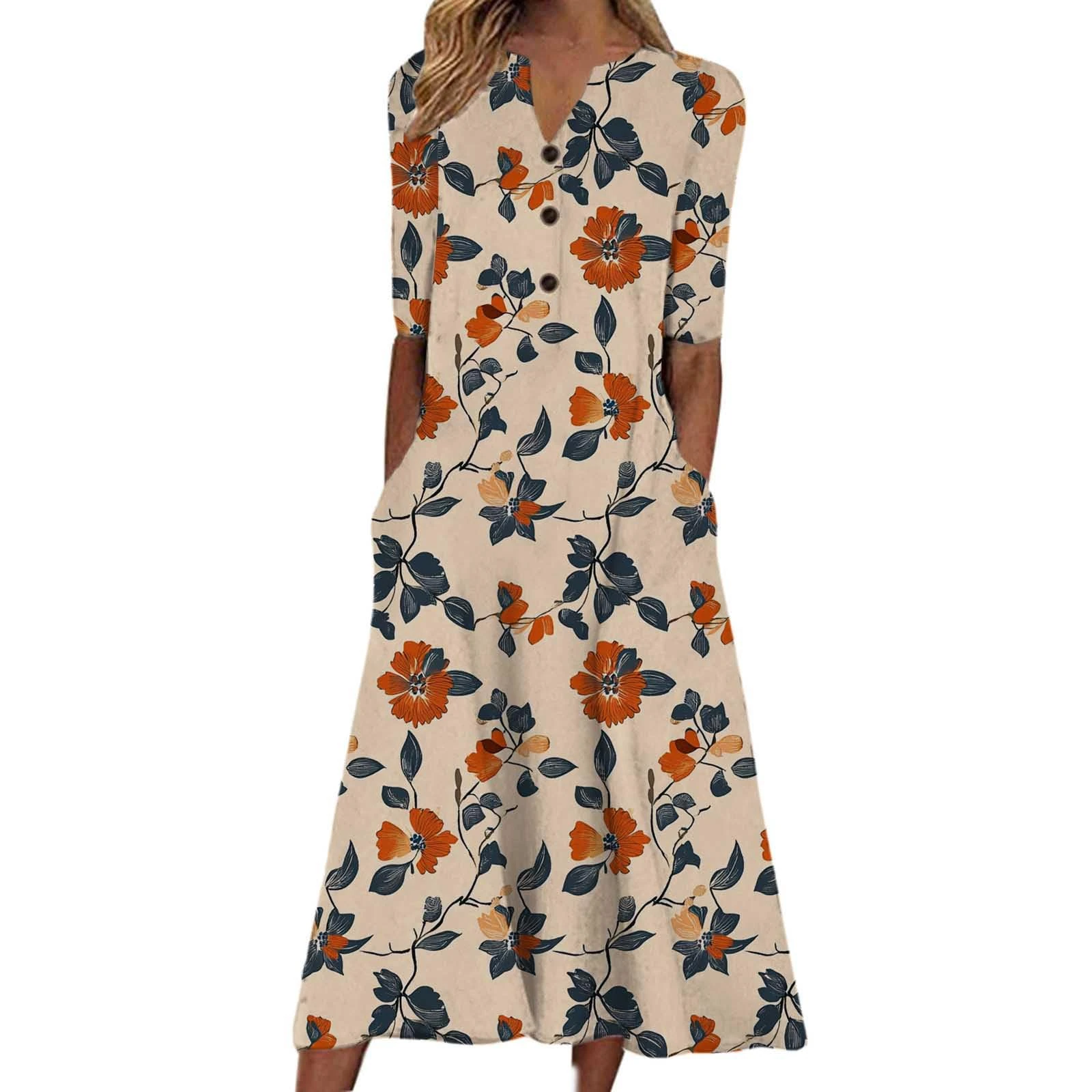 Boho Dresses for Women UK Clearance Italian Short Sleeve Button V Neck Dress with Pocket Ladies Floral Casual Sundress Elegant Swing Midi Dress Loose Pullover Lounge Dresses Beach Holiday Sundress