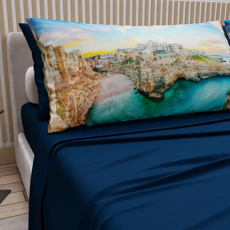 PETTI Artigiani Italiani - Cotton Sheets with Pillowcases in Digital Print, Double Sheet, Polignano Sea Blue Night Design Bed Set, 100% Made in Italy