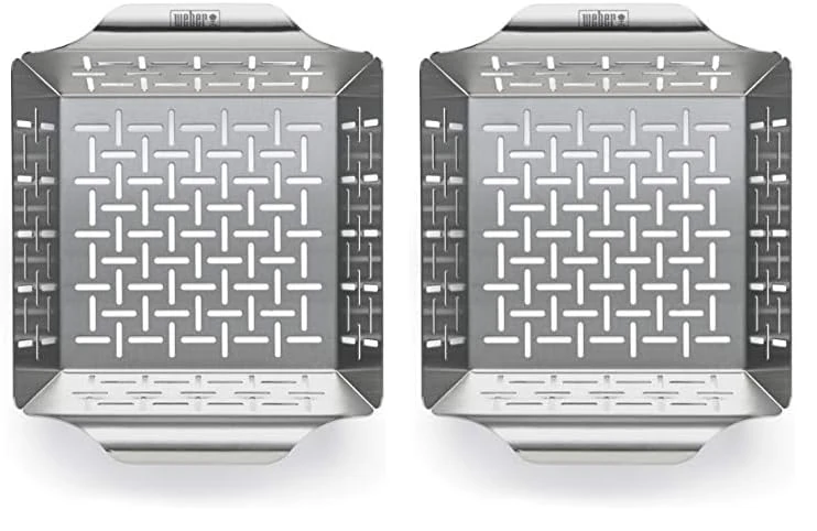 Weber Deluxe Grill Basket - Small (24 x 19cm), Heat Resistant & Dishwasher Safe BBQ Grill Pan Made of Stainless Steel, Suitable for All Types of Grills - Silver (6481) (Pack of 2)