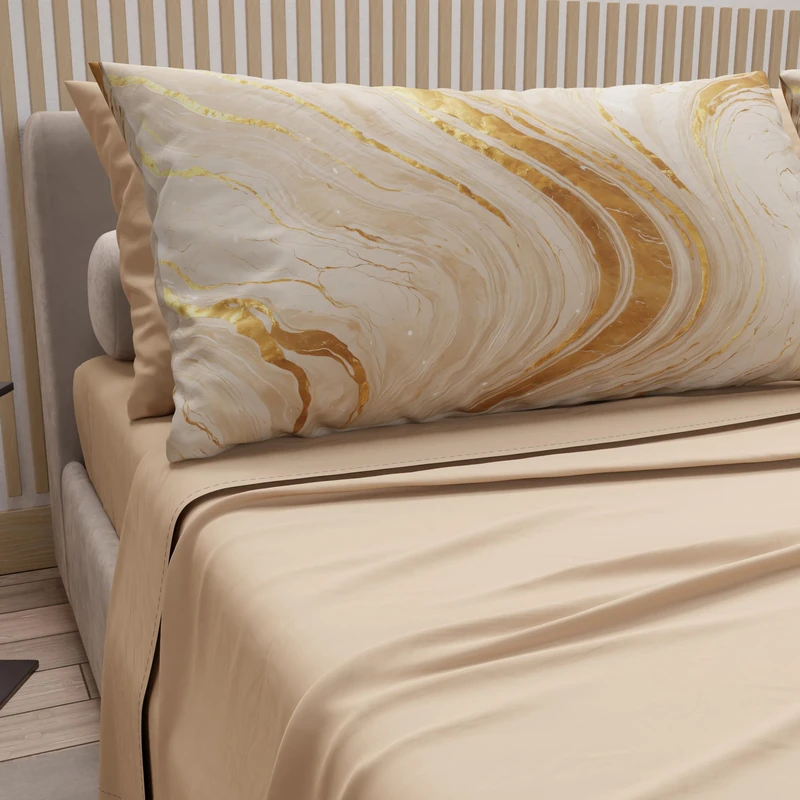 PETTI Artigiani Italiani - Cotton Sheets with Pillowcases in Digital Print, Double Sheet, Beige Marble Patterned Bed Set, 100% Made in Italy