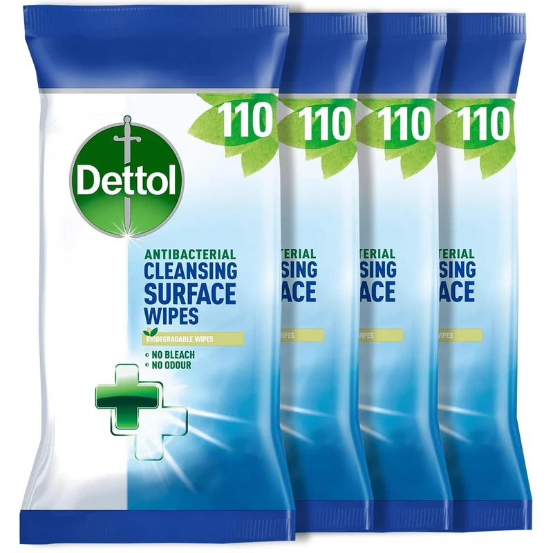 Dettol Antibacterial Cleansing Surface Wipes, Fragrance Free, 440 Wipes (110 x 4pck) Disinfectant, Home Hygiene, Biodegradable, Kills 99.9 Percent of Germs