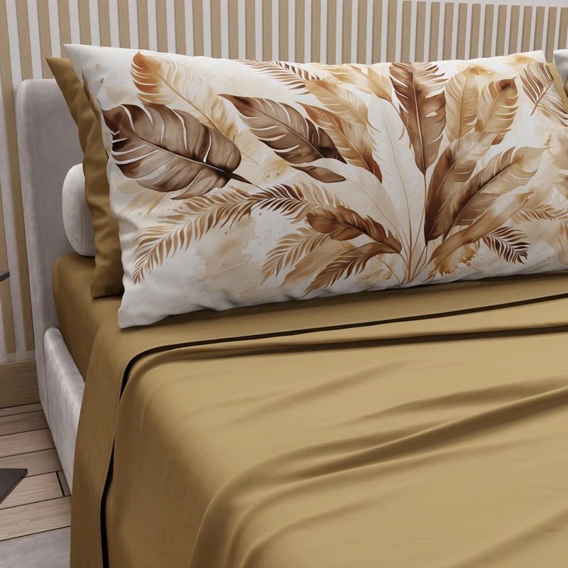PETTI Artigiani Italiani - Double Bed Sheets Cotton with Pillowcases in Digital Print, Double Bed Sheet with Palm Tree Design, Taupe, 100% Made in Italy