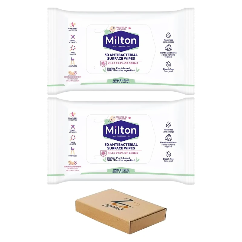 ZOPPER Milton Antibacterial Surface Wipes (2 x 30 Wipes) Baby Safe Disinfectant for Toyas Soothers & Highchairs Plant Based No Rinse Formula - Image 1