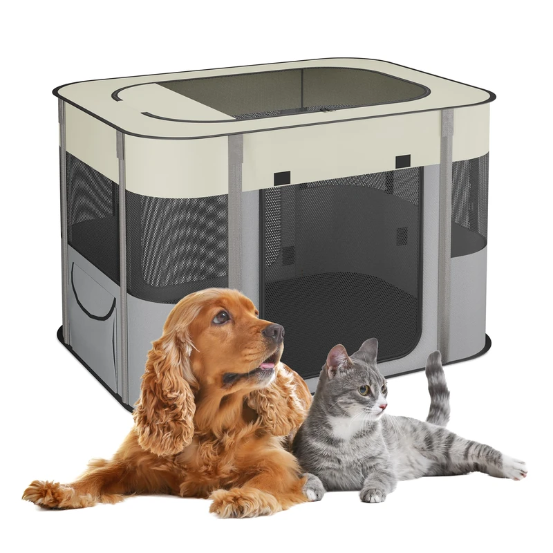 Relaxdays Folding Pet Playpen, 55x82x60 cm, Puppy Pen, Indoor & Outdoor, Portable Cat & Dog Run, Oxford Fabric, Multi