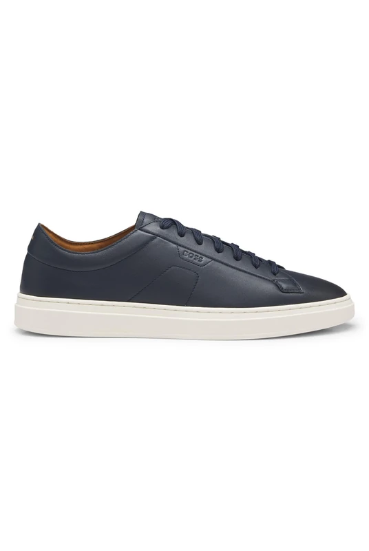 BOSS Mens Kieran Tenn Low-top Trainers in Leather with Embossed Logo Size 10 Dark Blue