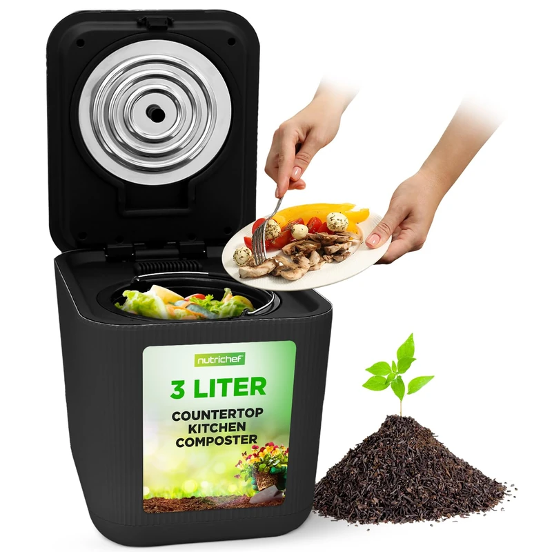 Nutrichef Electric Food Waste Composter 3L – Kitchen Countertop Indoor Compost Bin with Drying & Cooling System Food Scrap Recycler (Grey)