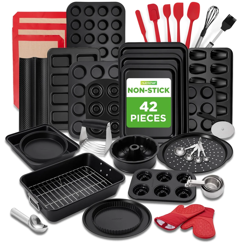 NutriChef Nonstick Bakeware Set 42 Piece Carbon Steel Baking Pans, Oven Baking Set Trays Tins Tools Oven Mitts for Home Bakers