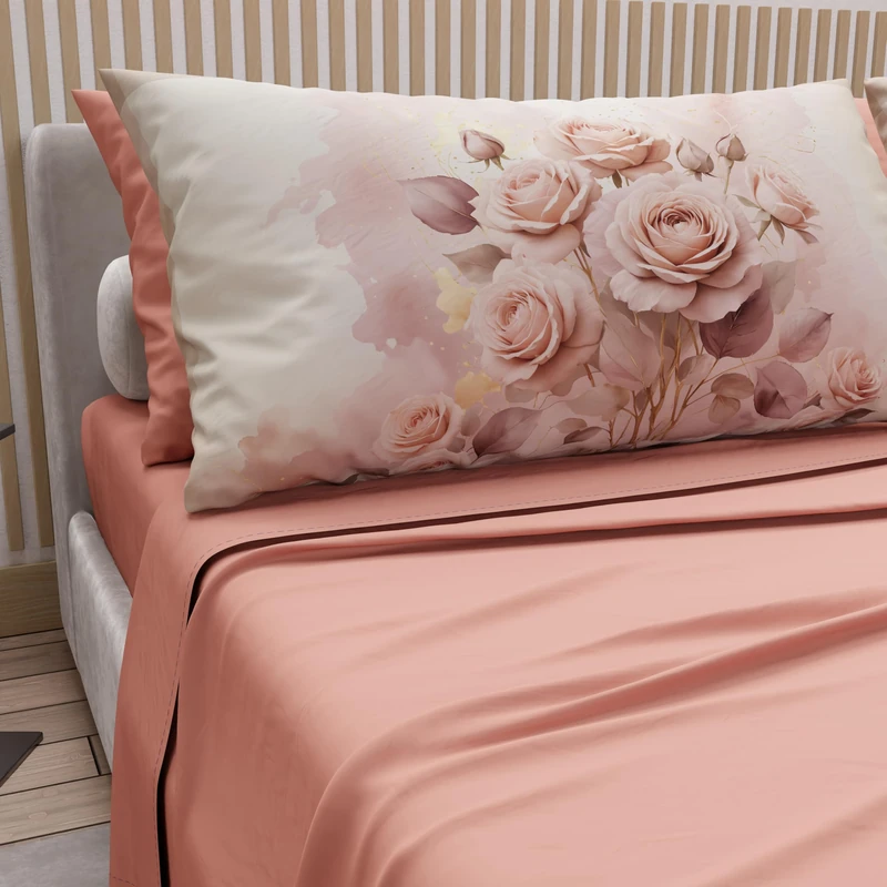 PETTI Artigiani Italiani - Cotton Sheets with Pillowcases in Digital Print, Double Bed Sheet, Complete Bed Set with Flower Pattern Pink Powder, 100% Made in Italy