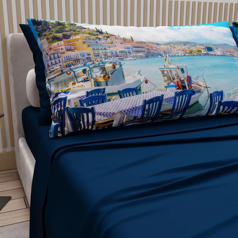 PETTI Artigiani Italiani - Double Bed Sheets Cotton with Pillowcases in Digital Print, Complete Sheet for Double Bed Greece Design Night Blue, 100% Made in Italy
