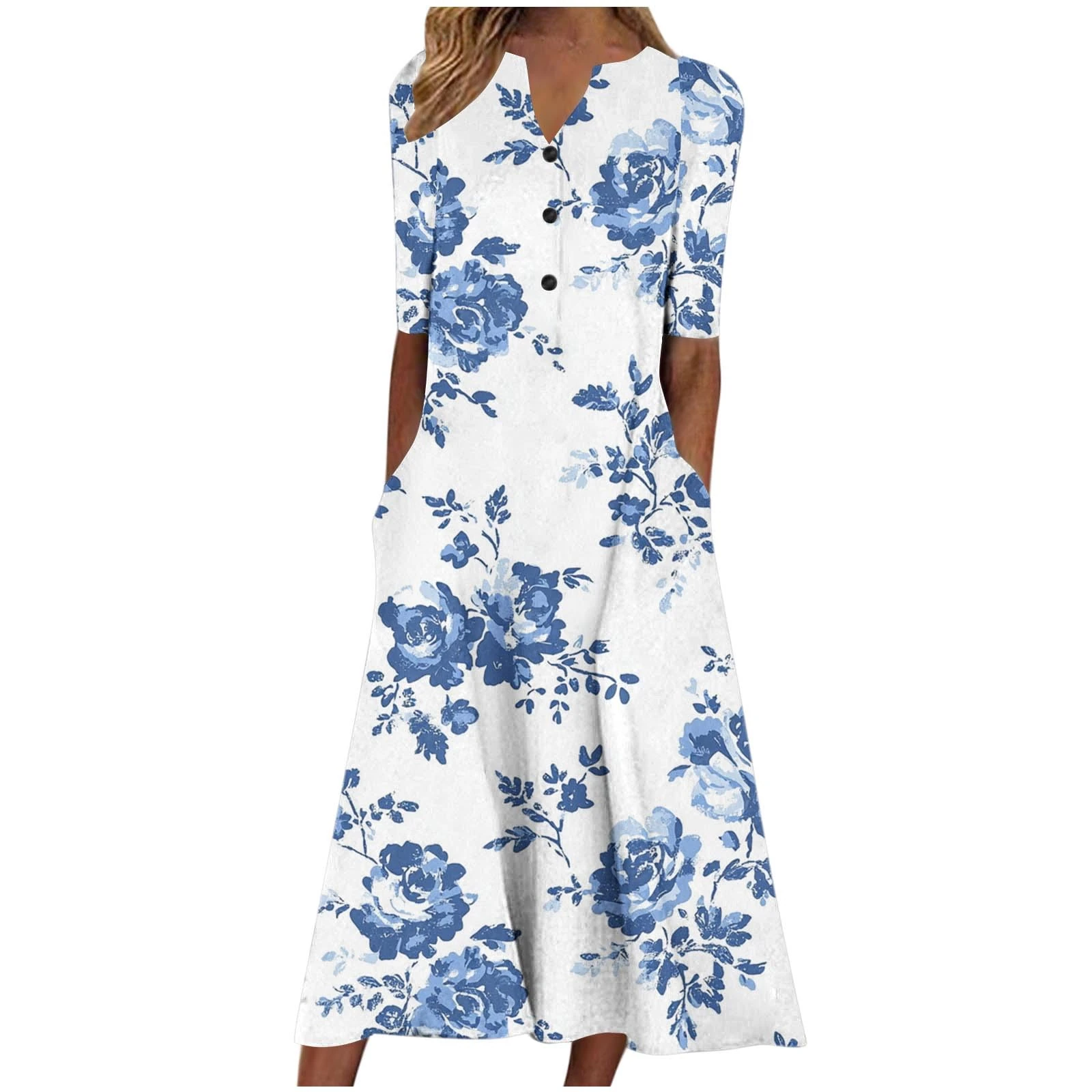 Boho Dresses for Women UK Clearance Italian Short Sleeve Button V Neck Dress with Pocket Ladies Floral Casual Sundress Elegant Swing Midi Dress Loose Pullover Lounge Dresses Beach Holiday Sundress