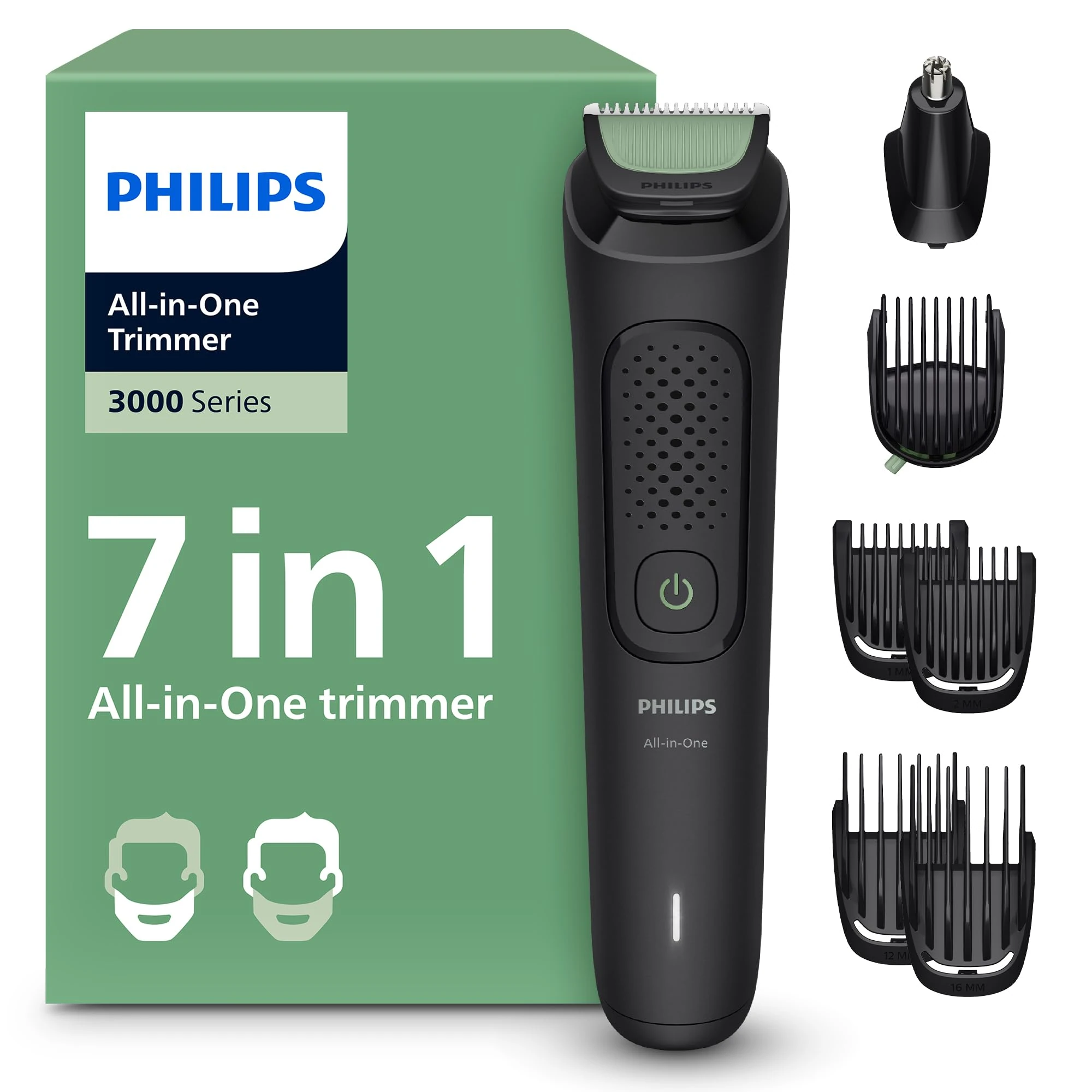Philips Multigroom 3000 Series All-in-One 7-Piece Trimmer - Shaver and Clipper for Face & Head, Self-Sharpening Skin-Friendly Blades, 10 Length Settings, Model MG3930/15