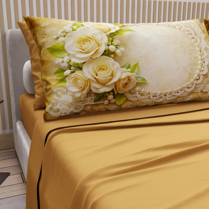 PETTI Artigiani Italiani - Double Bed Sheets Cotton with Pillowcases in Digital Print, Double Bed Sheet Pattern 342 Ochre Yellow, 100% Made in Italy