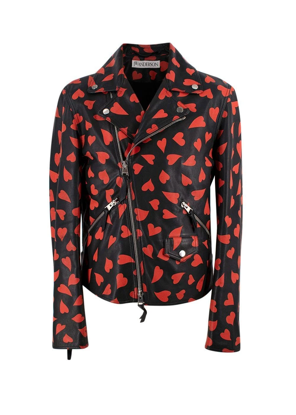 JW Anderson Pre-loved Red & Black Heart Print Leather Biker Jacket