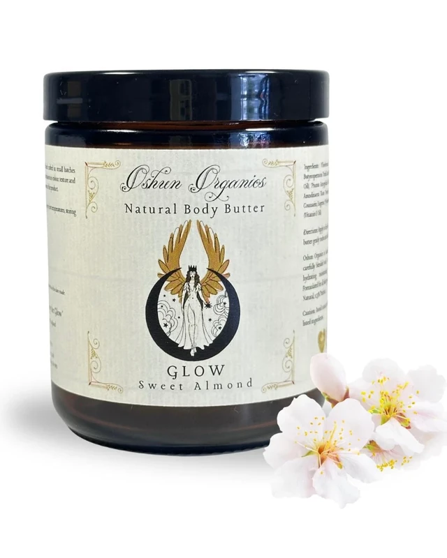Oshun Organics Glow Body Butter. Sweet Almond Ritual Moisturiser for Radiant Skin, Luxury, Natural Hydration with Shea, Cocoa and Coconut. Vegan.